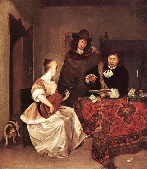 TERBORCH, Gerard A Young Woman Playing a Theorbo to Two Men china oil painting image